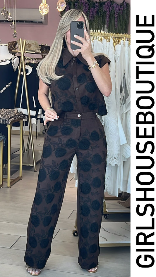 Dark Brown/ Black Bloom Suede Top & Pant Set (Tiene elástico en la cintura)