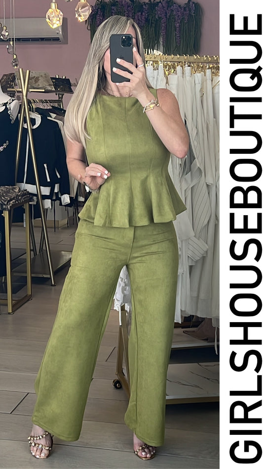 Olive Suede Peplum Top & Pant Set