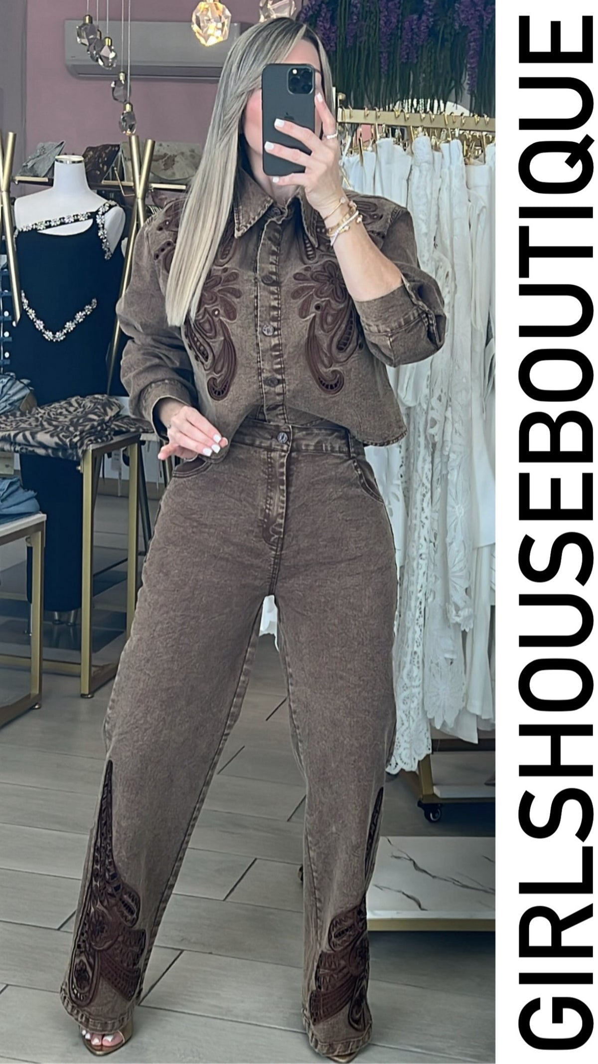 Light Brown Denim & Embroidery Design & Strech Pant Set