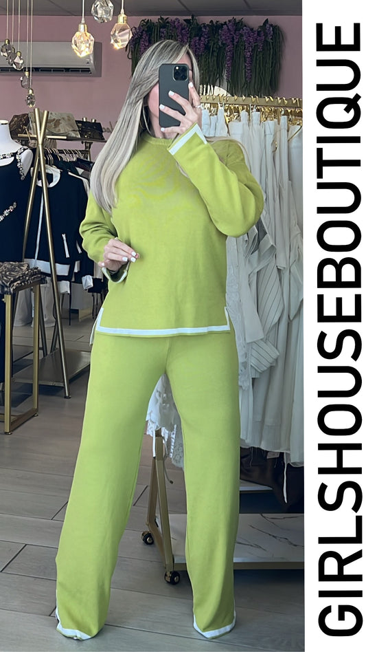 Lime Sweater Blouse & Pant Set