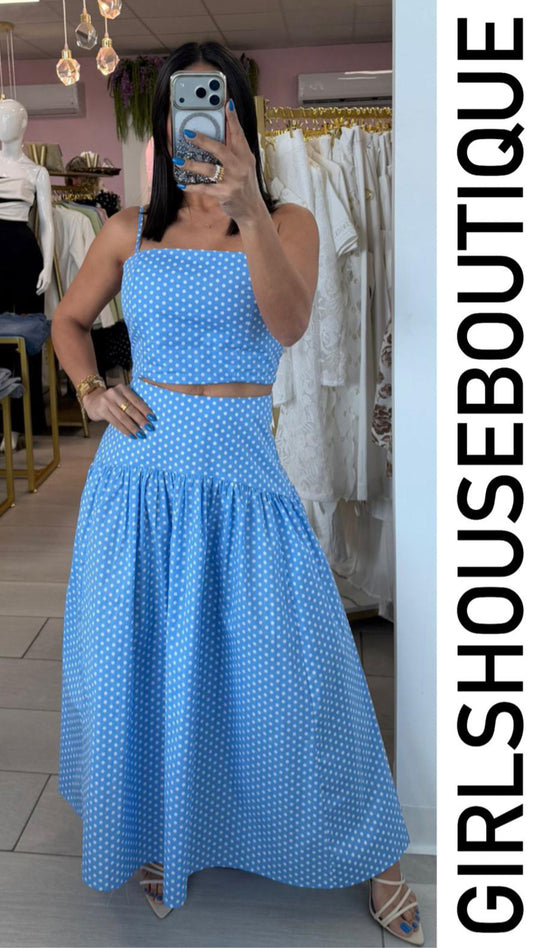 Baby Blue Polka Dots Crop Top & Skirt Set