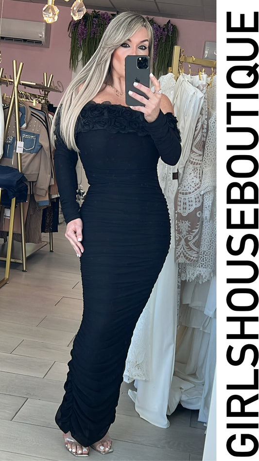 Black Off Shoulder Drapped Dress