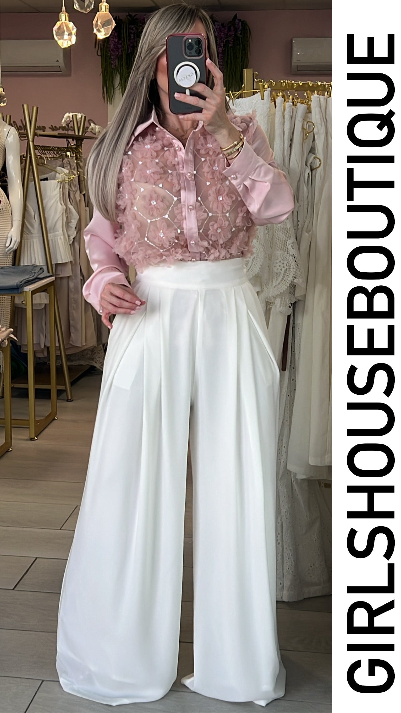 Pink 3D Flowers Satin Blouse