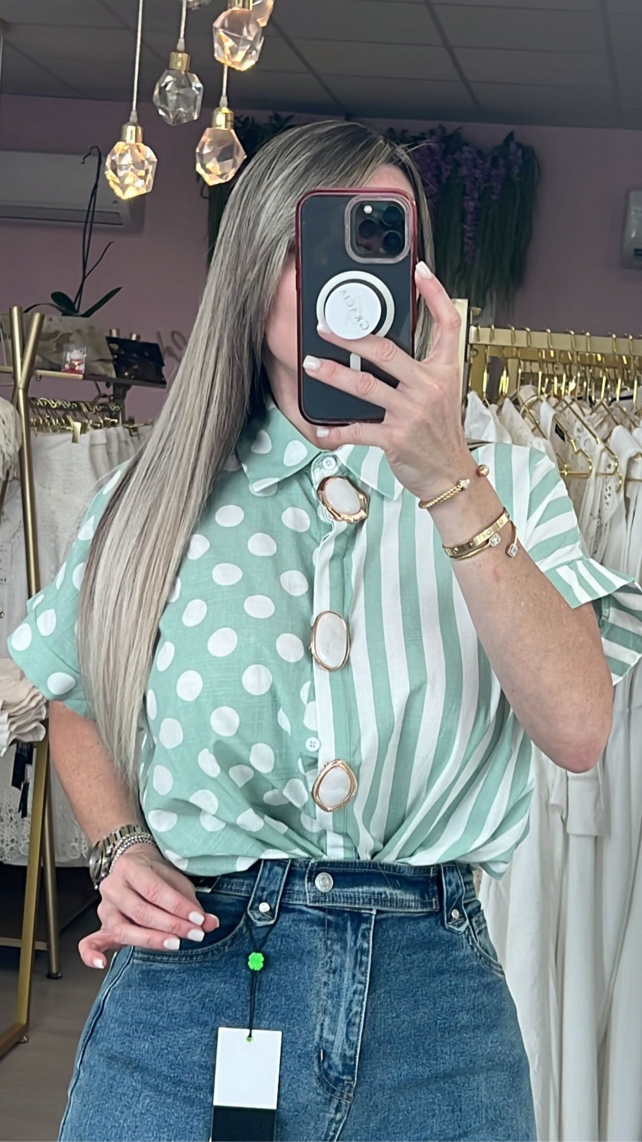 Mint Polka Dots & Vertical Stripe Button Up