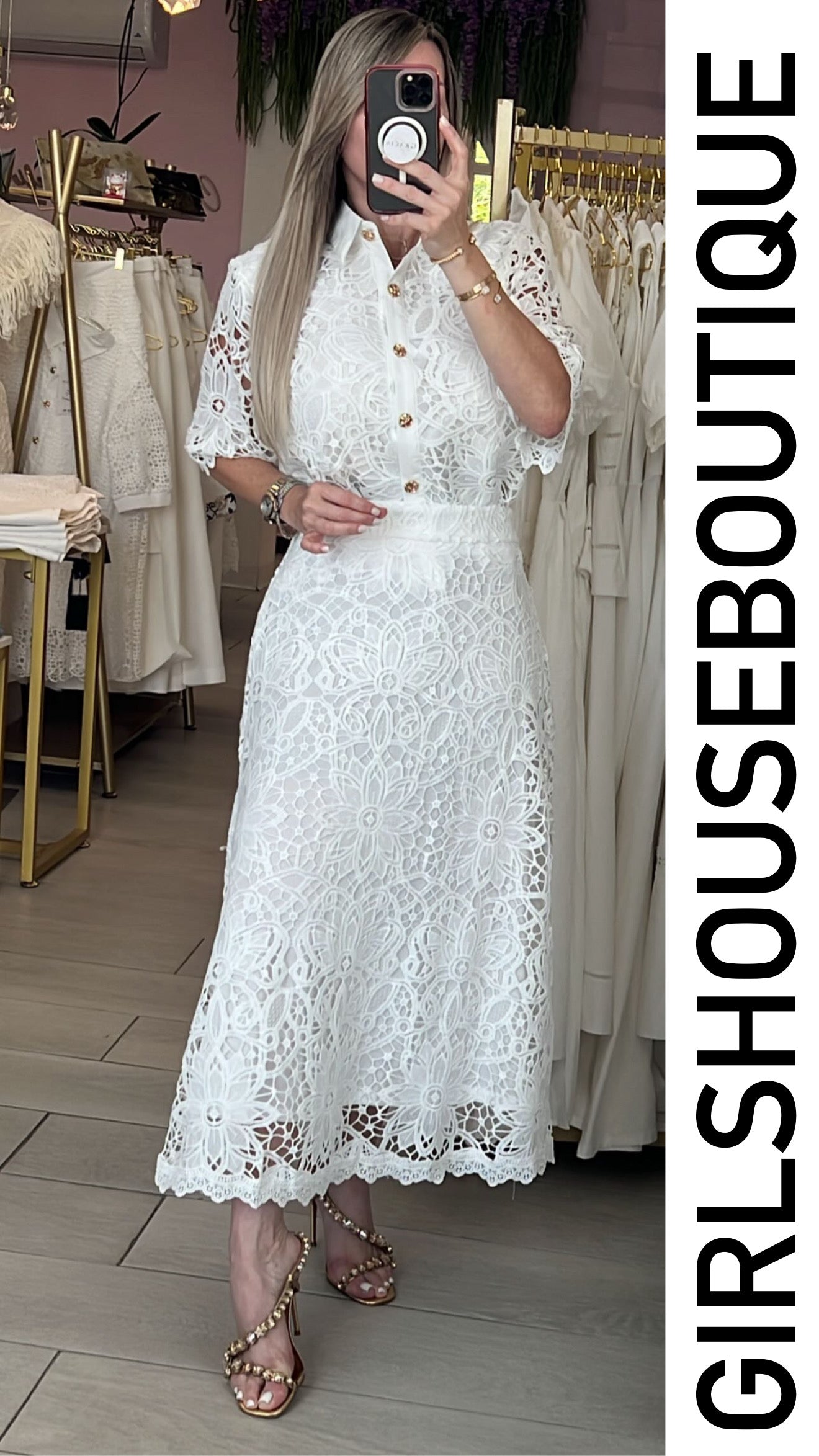 D’ White Lace Elegance Blouse & Midi Skirt Set