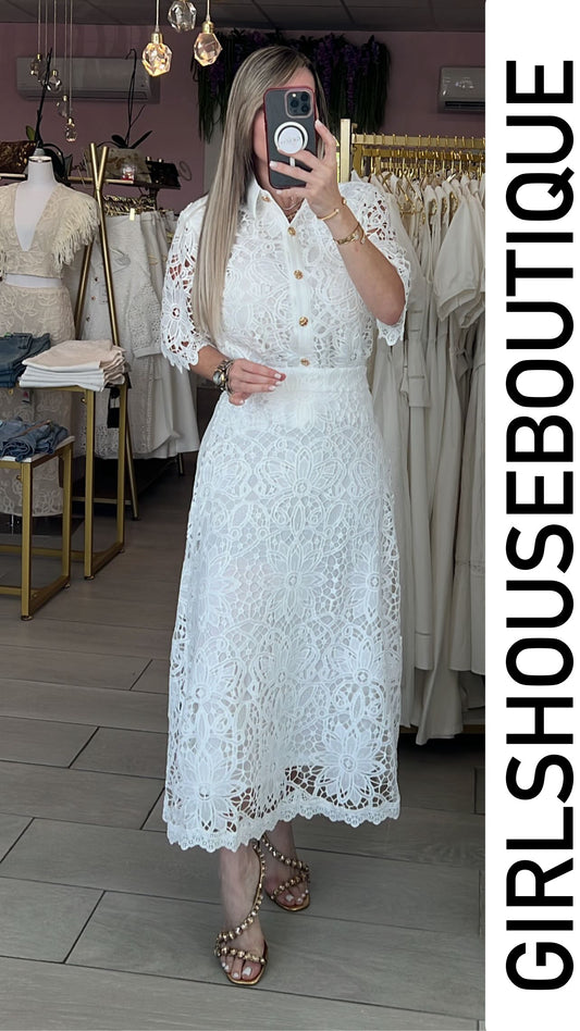 D’ White Lace Elegance Blouse & Midi Skirt Set