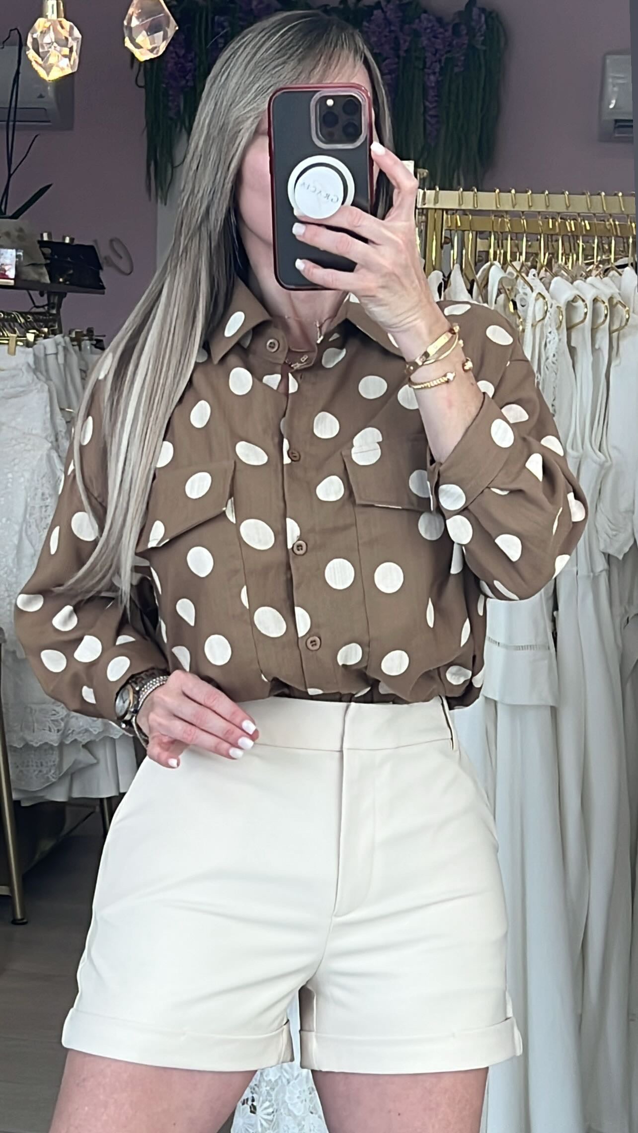 Mocha Polka Dots & Buttons Blouse