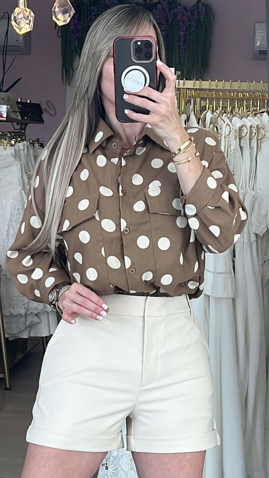 Mocha Polka Dots & Buttons Blouse