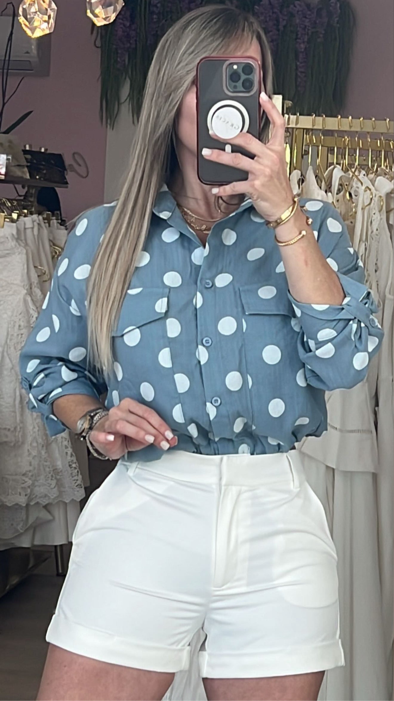 Light Blue Polka Dots & Buttons Blouse