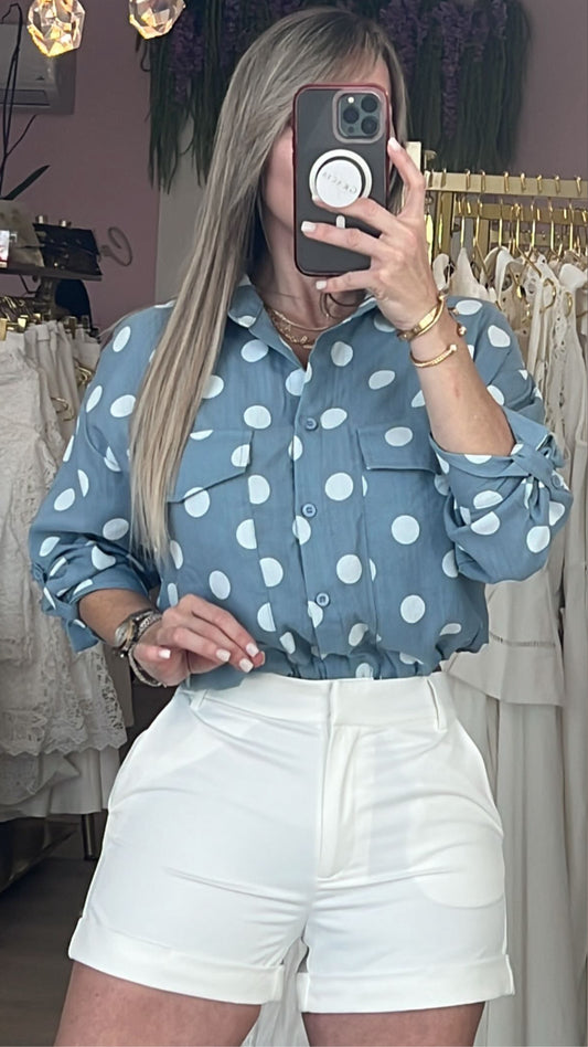 Light Blue Polka Dots & Buttons Blouse