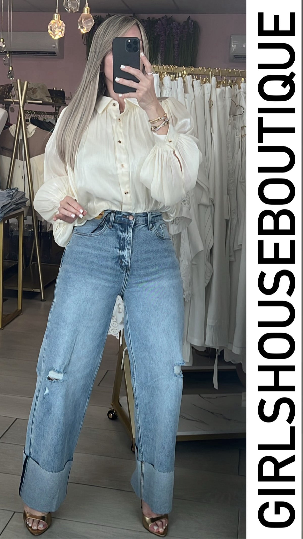 Vainilla Satin/Textured Long Sleeve Blouse