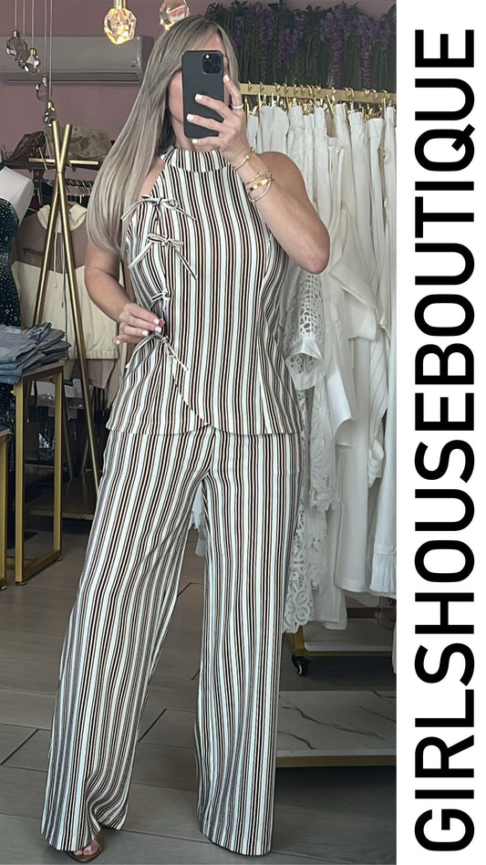 Brown Stripe Halter Bow Top & Pant Set (Tiene elástico en la cintura)