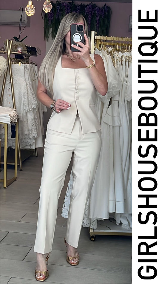 Creme Vest Buttons & Strech Pant Set