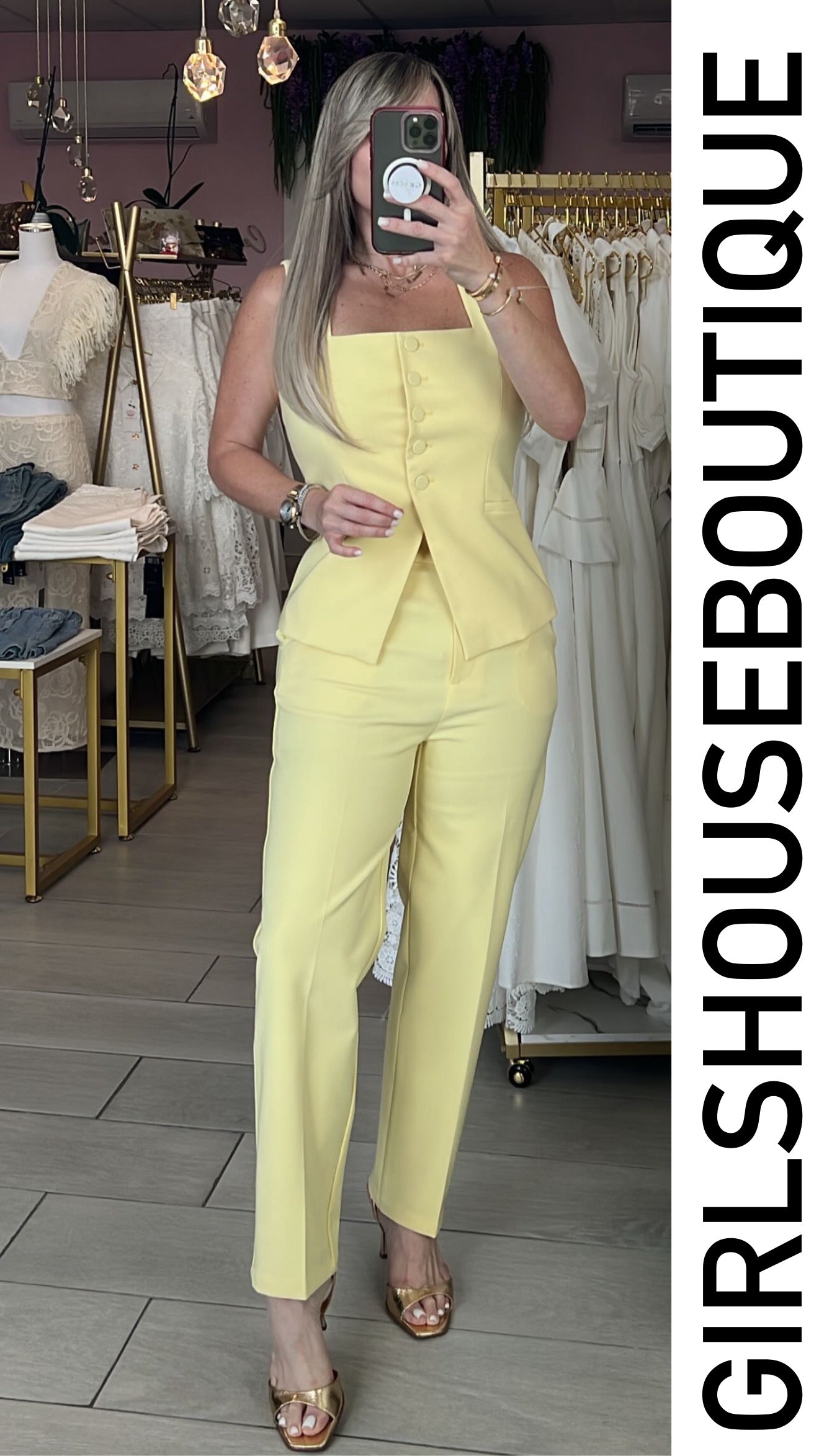 Soft Yellow Vest Buttons & Pant Set