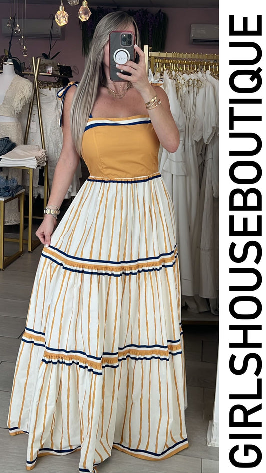 Victoria Mustard & Navy Print Maxxi Dress