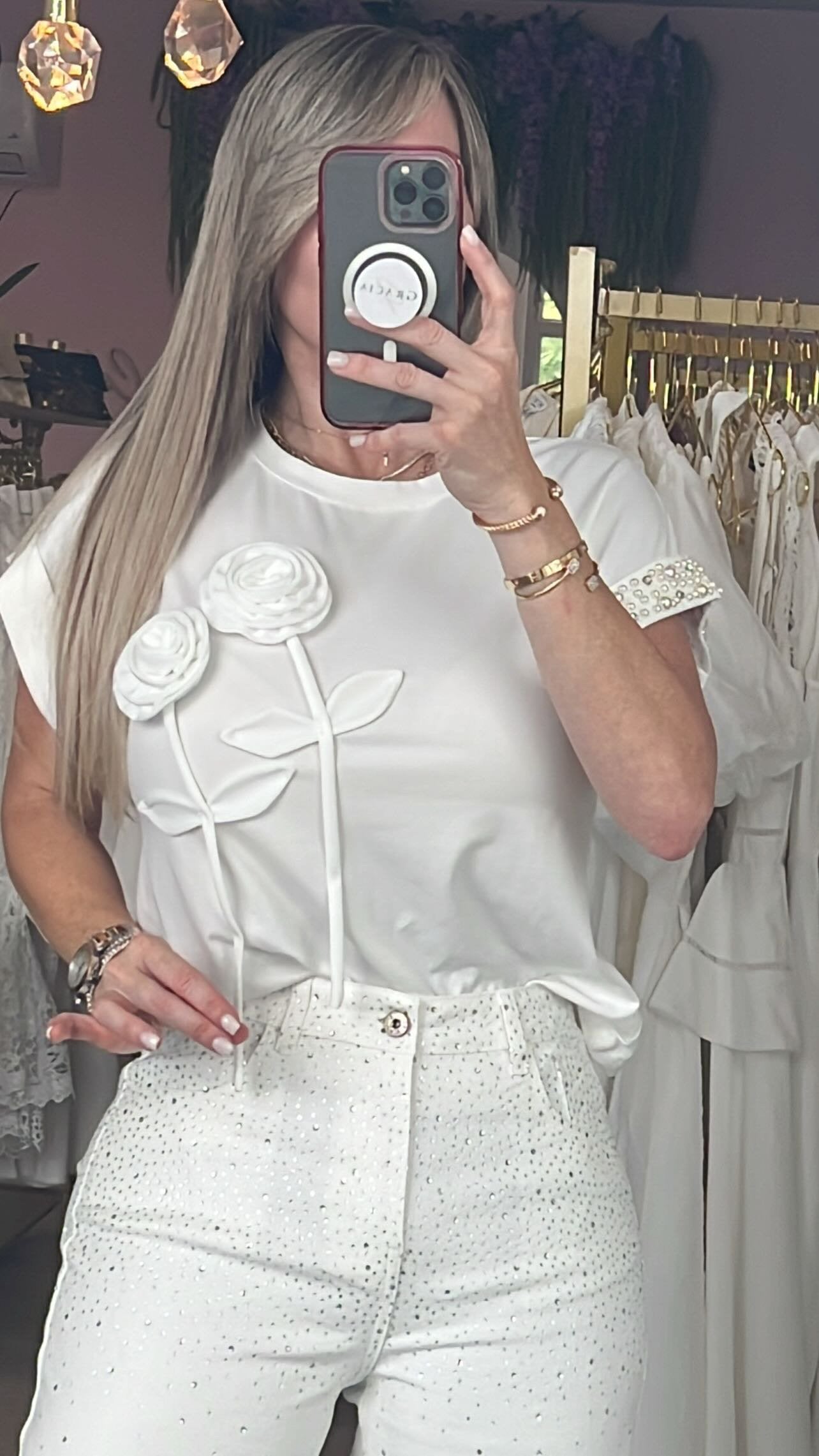 Blanc 3D Rose Bright Top