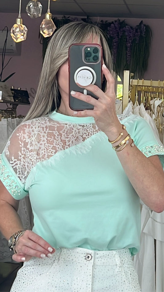 Mint Lace Pearl Top