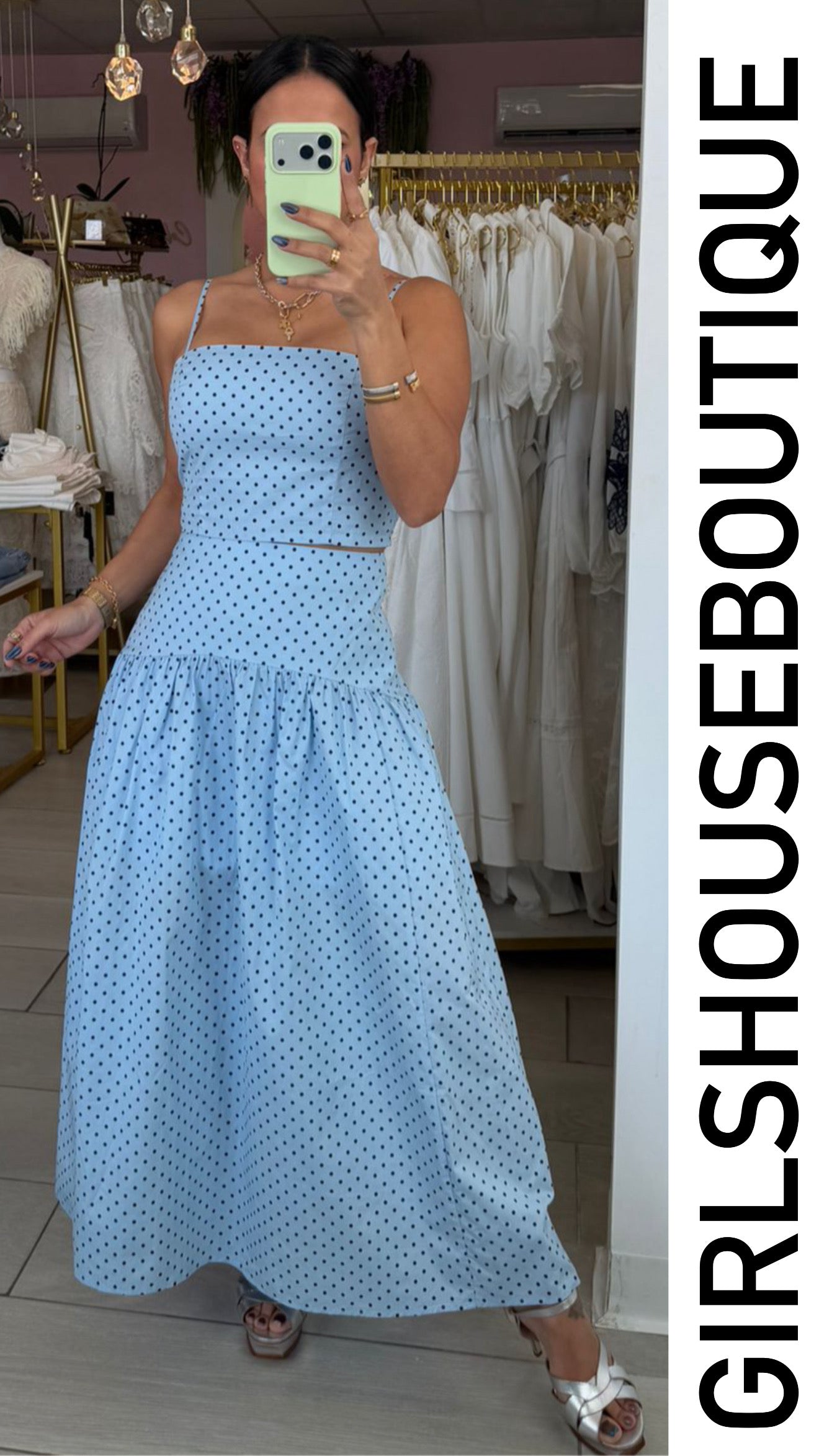 Camilla Navy Polka Dots Skirt Set