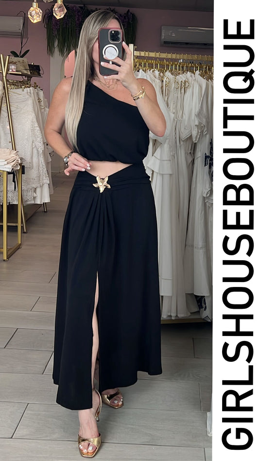 Black StarFish Pendant Off Shoulder Top & Skirt Set