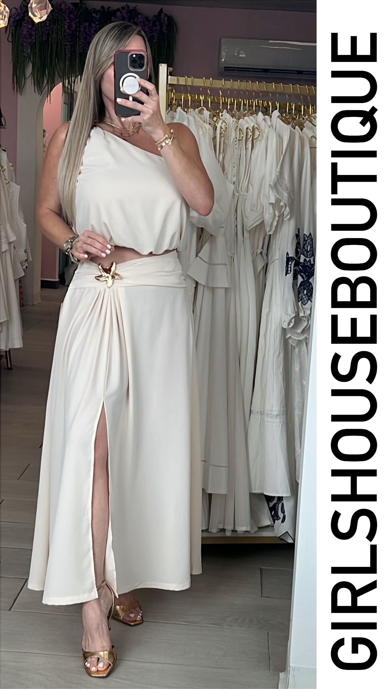Beige StarFish Pendant Off Shoulder Top & Skirt Set