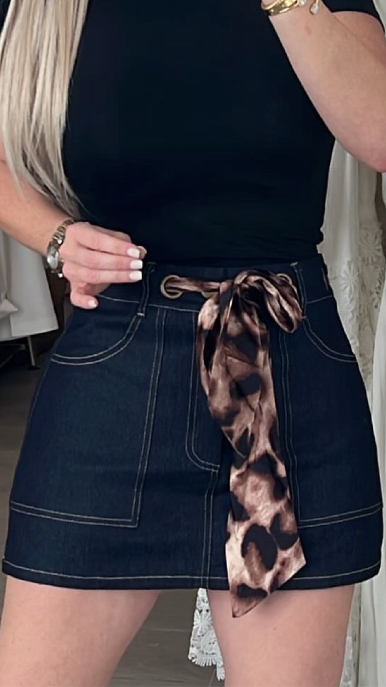 Dark Denim Leopard Strech Skort
