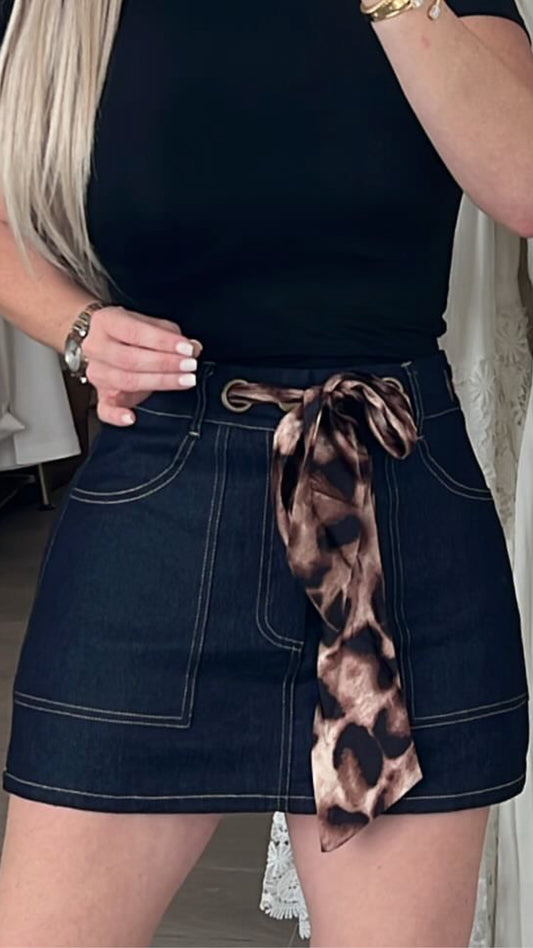 Dark Denim Leopard Strech Skort