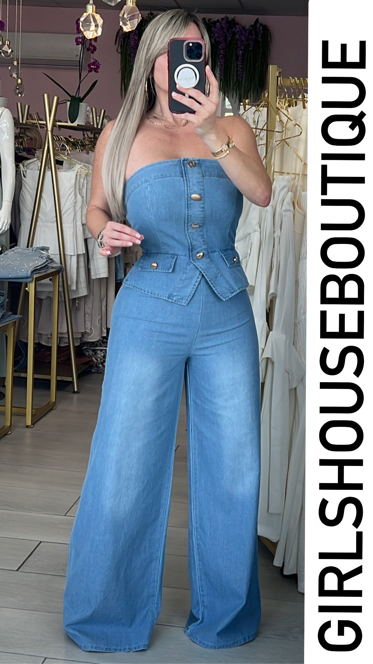Ligh Denim & Gold Pendant Strapples Jumpsuit