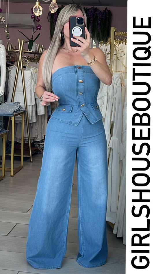 Ligh Denim & Gold Pendant Strapples Jumpsuit