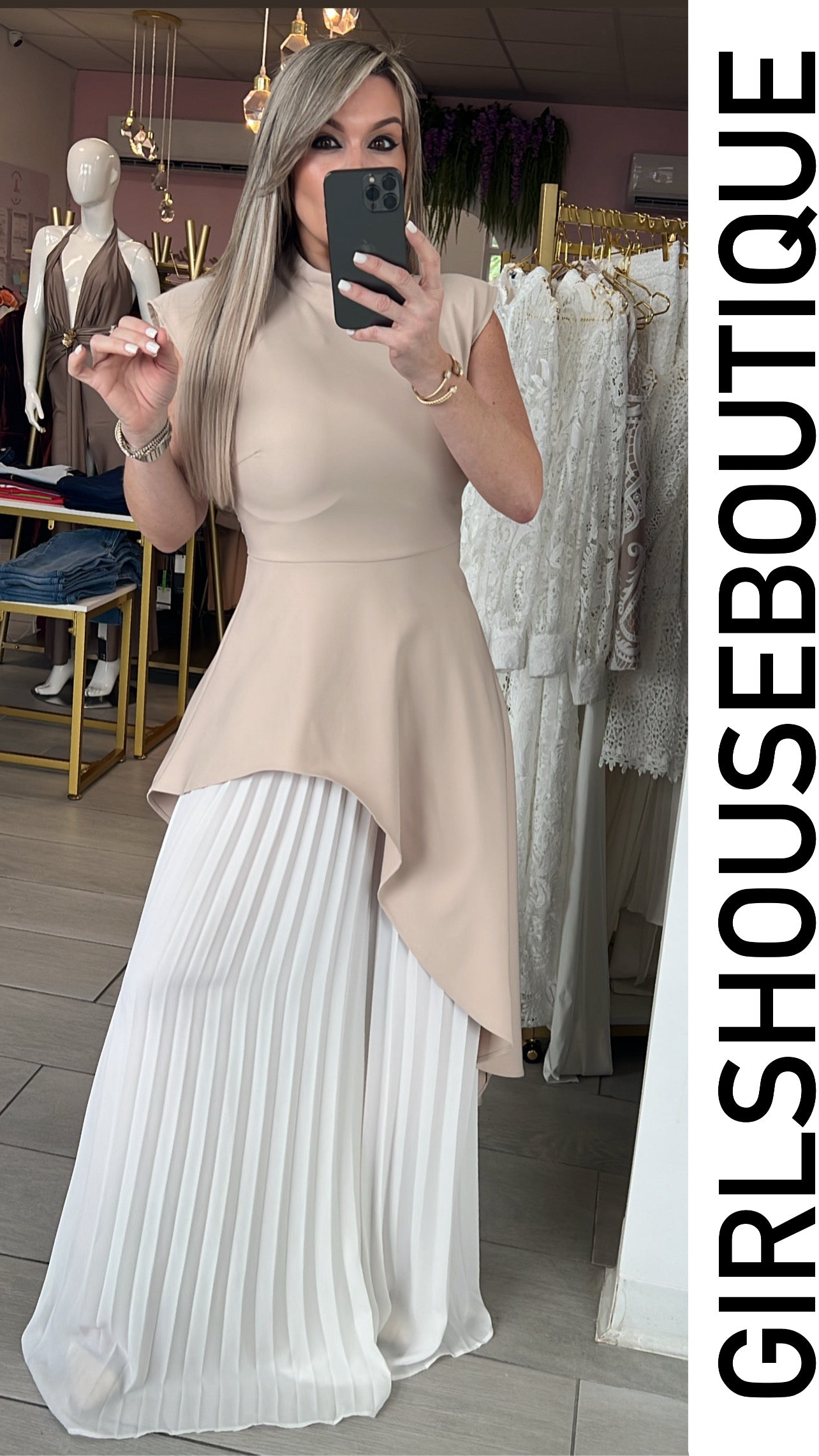 Diagonal Sand Top & White Pleated Pant Set