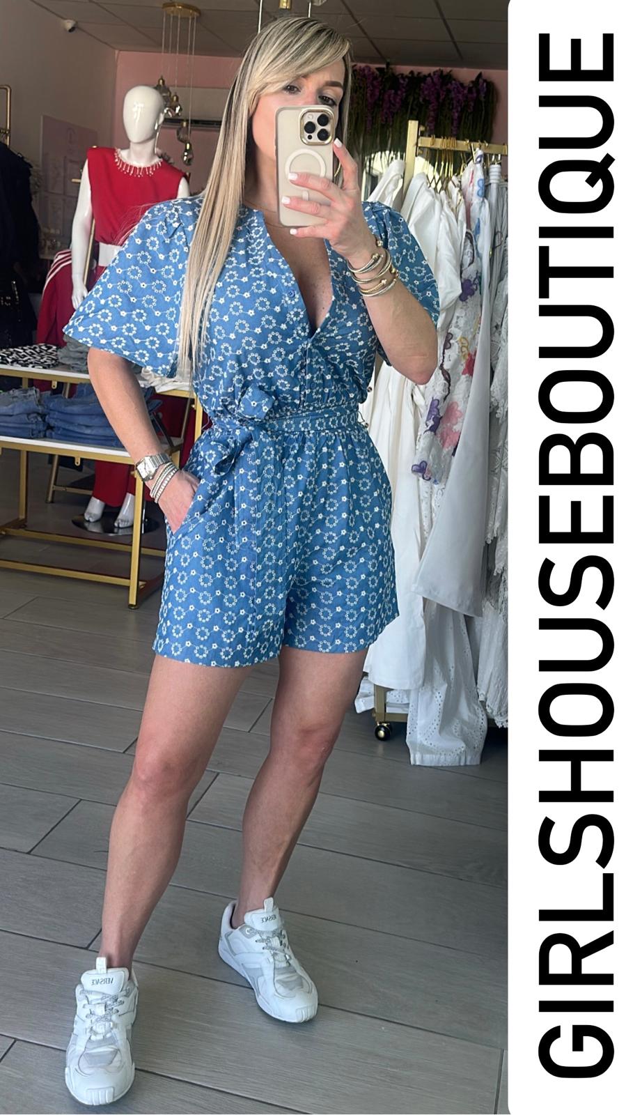 Light Indigo Embroidered Denim Romper