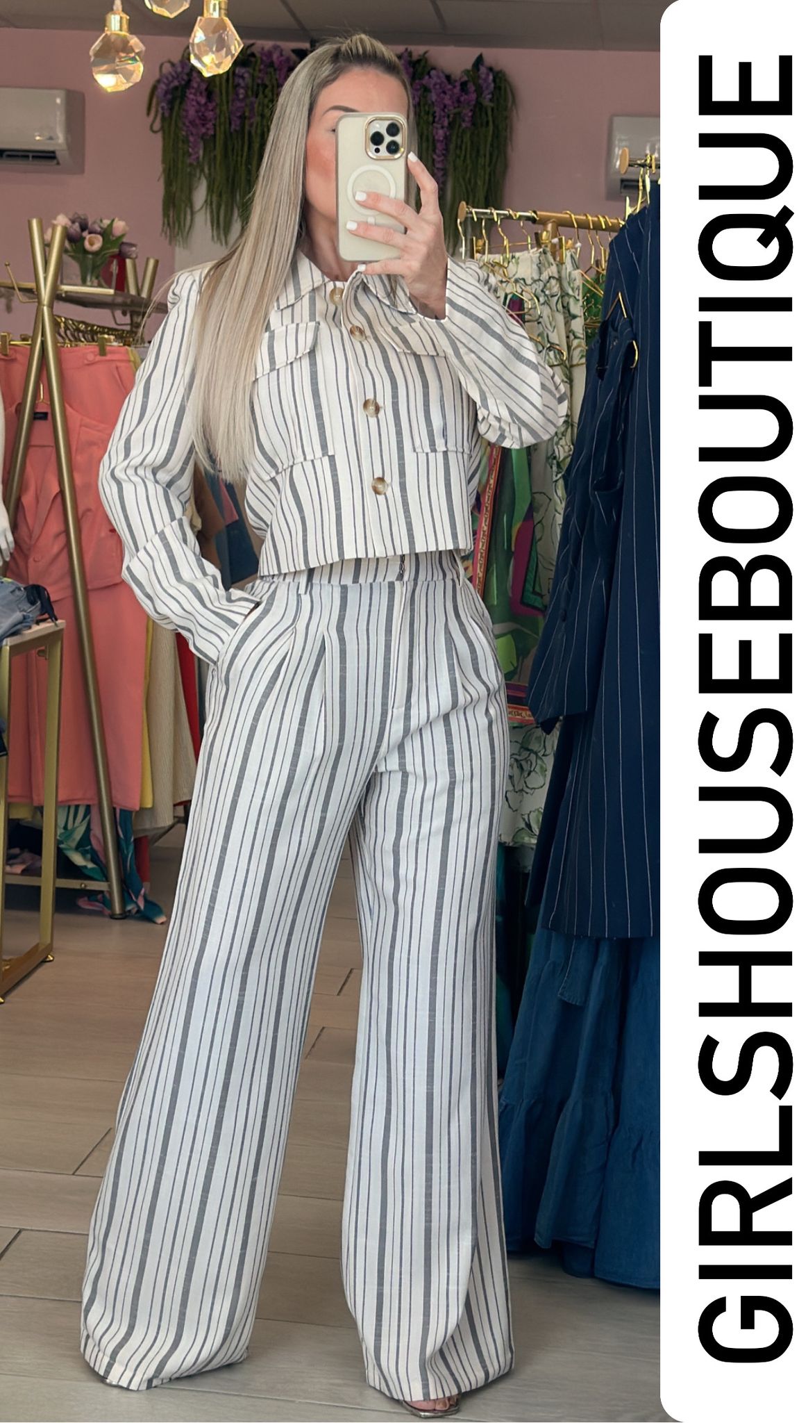 Tiffany Striped White/Gray Vest & Pant Set