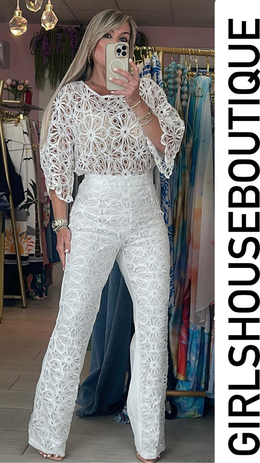 Charlene White Crochet Top & Pant Set