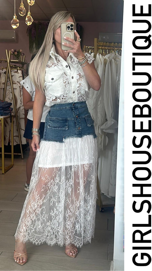 White Lace-Denim Jacket