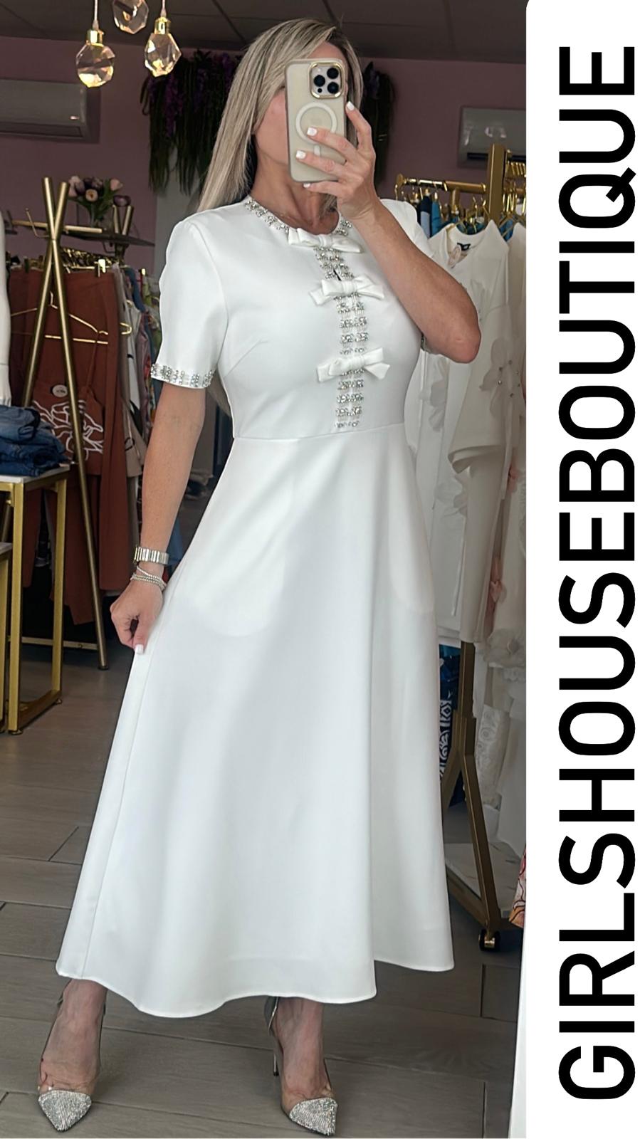 Diana White 3 Ribbon Rhinestone Dress