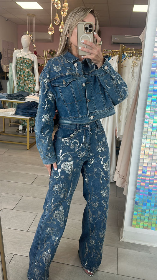 Denim Silver Sequin Flower Detail Top & Jean