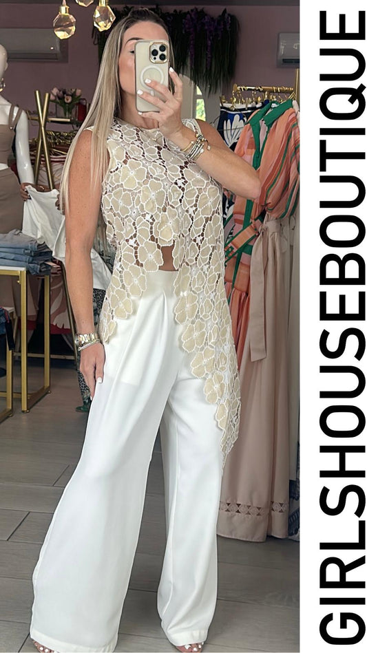 Beige Crochet Diagonal Top