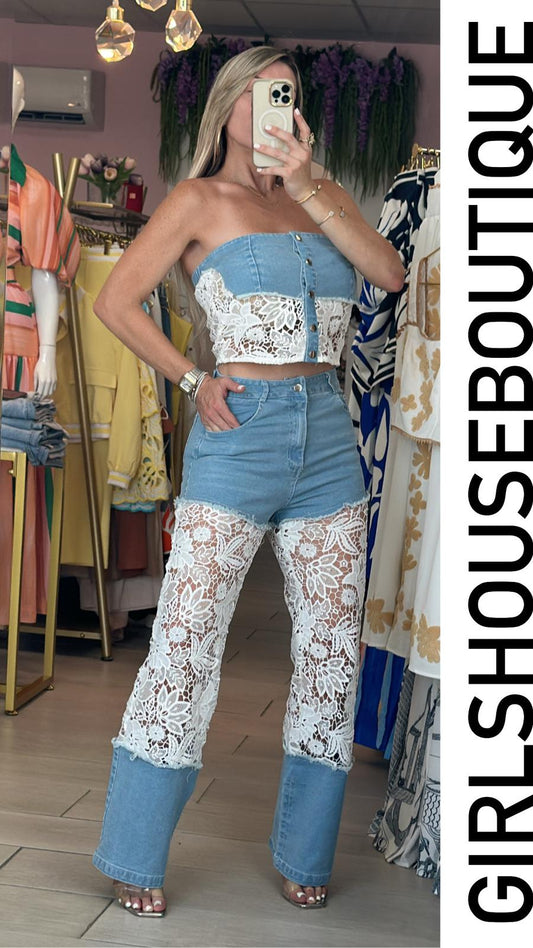 Lixxa Denim/Crochet Top Pant Set