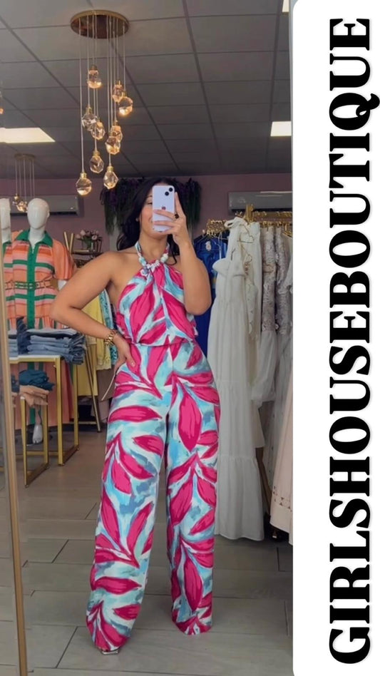 Letty Pink-Teal Halter Top & Pant Set