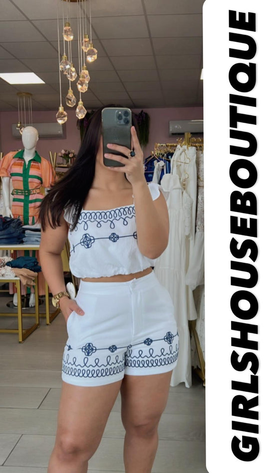 Gabriela White Blue Top & Short Set