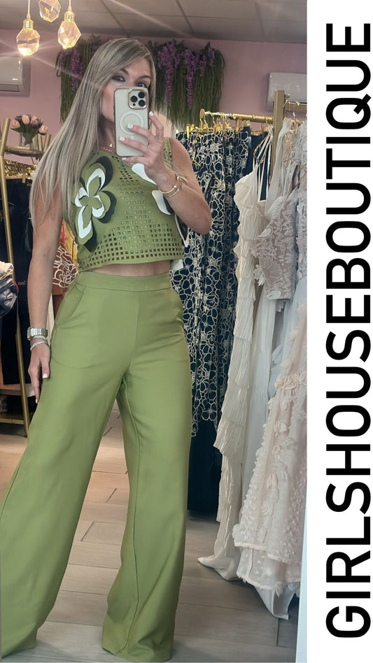 Priscilla Green Flowered Top & Pant Set