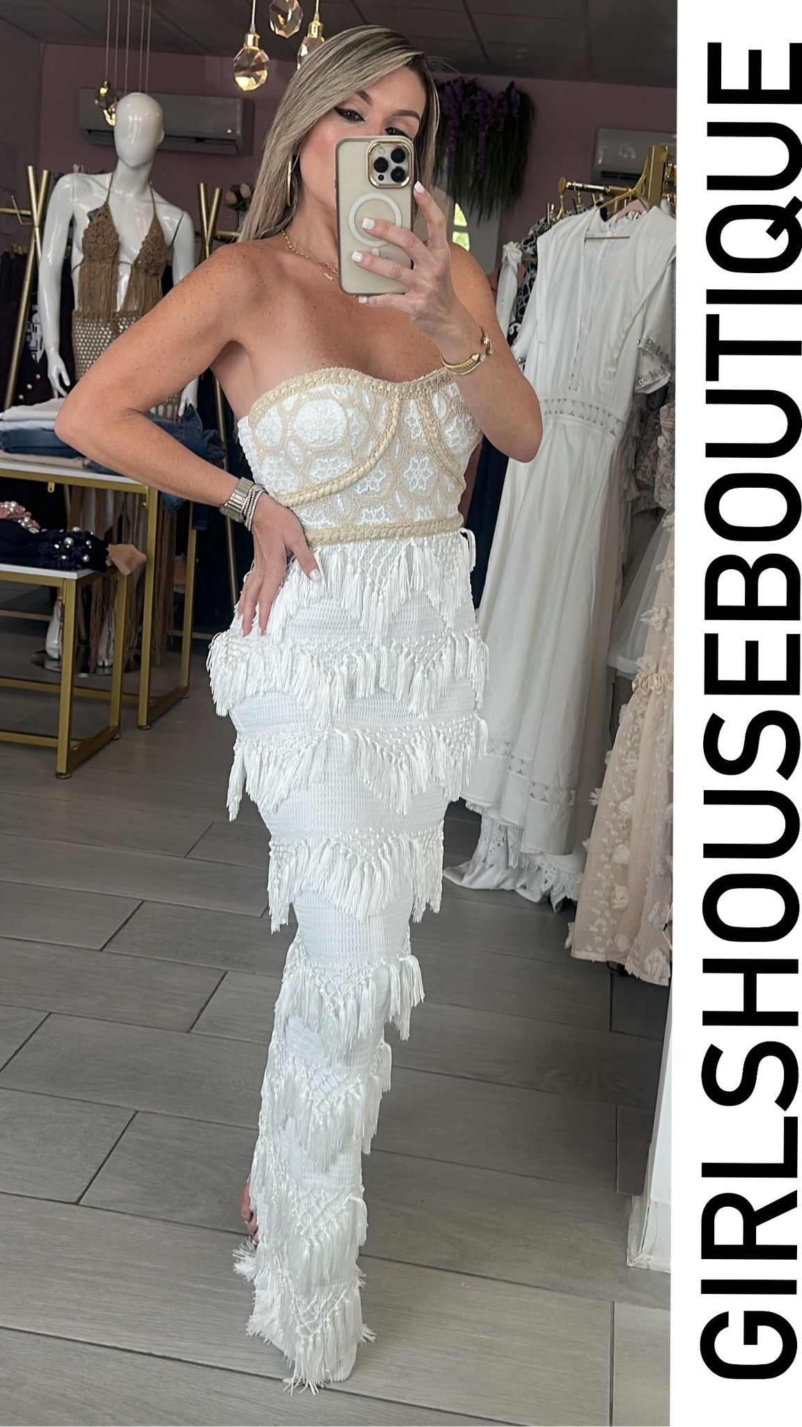 Jade White Fringed Knitted Dress