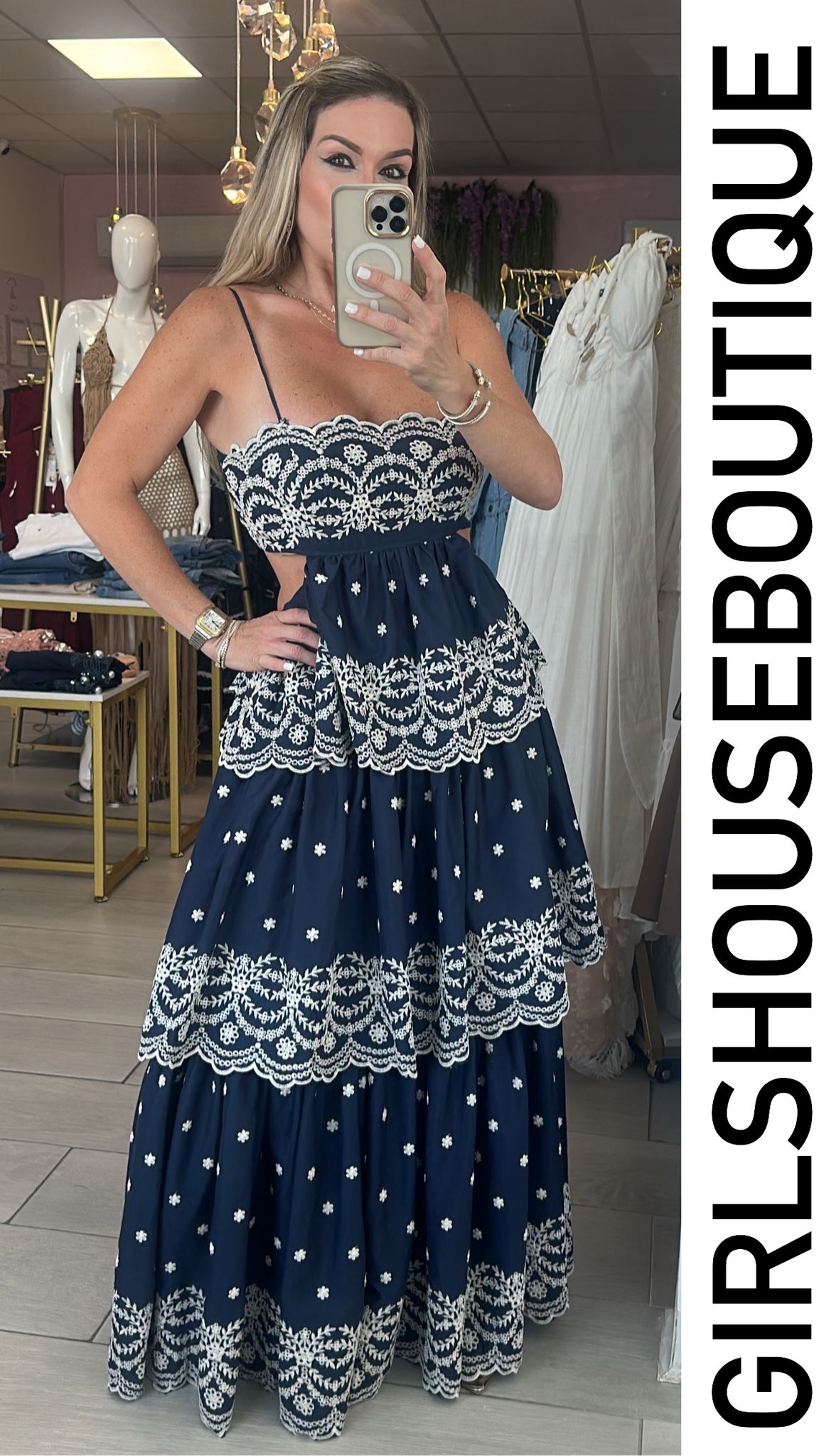 Blue Layered Eyelet Maxi