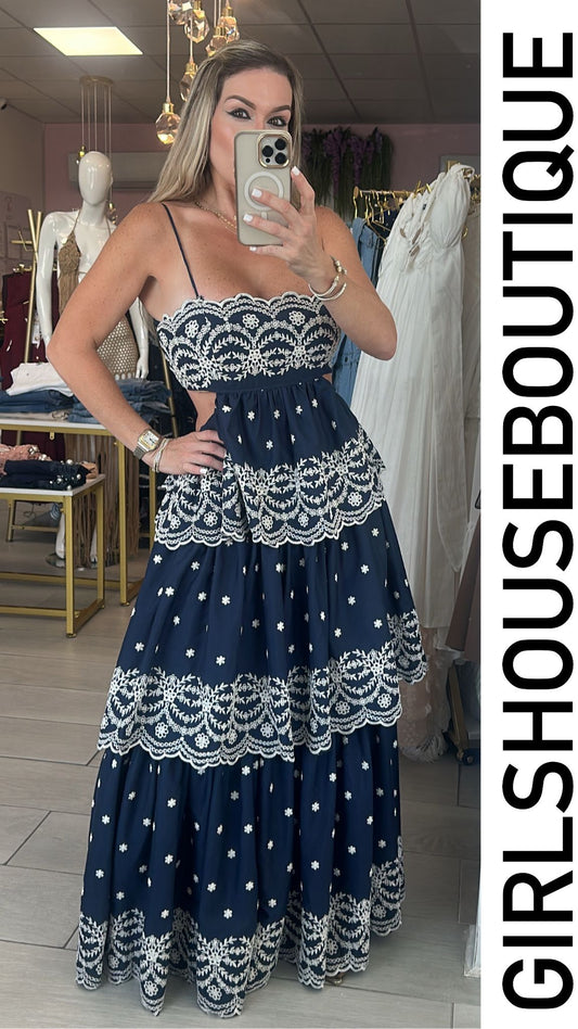 Blue Layered Eyelet Maxi