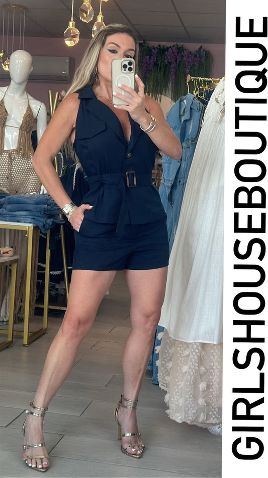 Erika  Navy Belted Romper