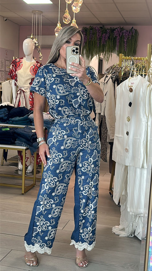 Lauriette Blue Embroidery Top & Pant Set