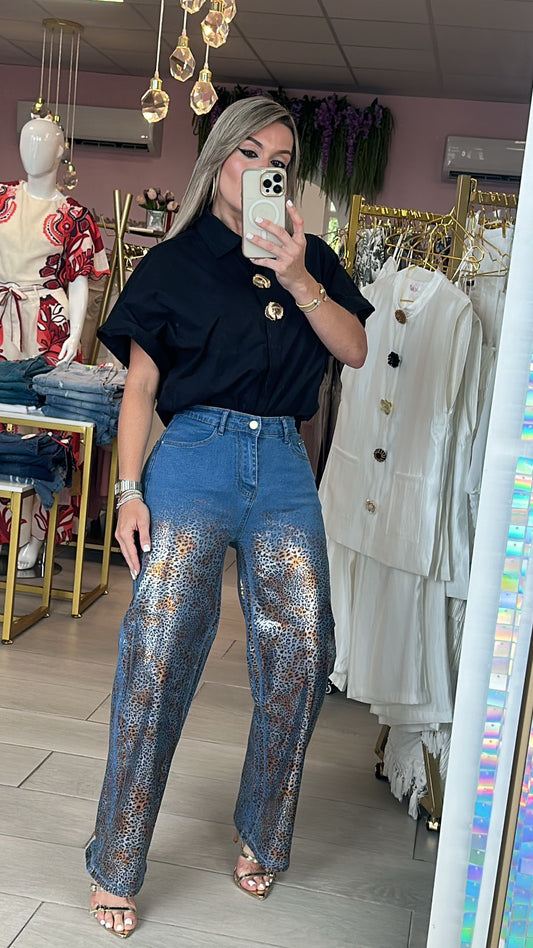 Gold Foiled Leopard Print Denim