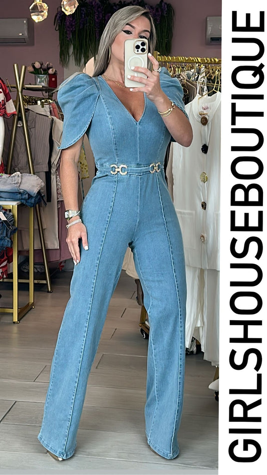 Cheryl Light Denim Puffed Belted Jumpsuit