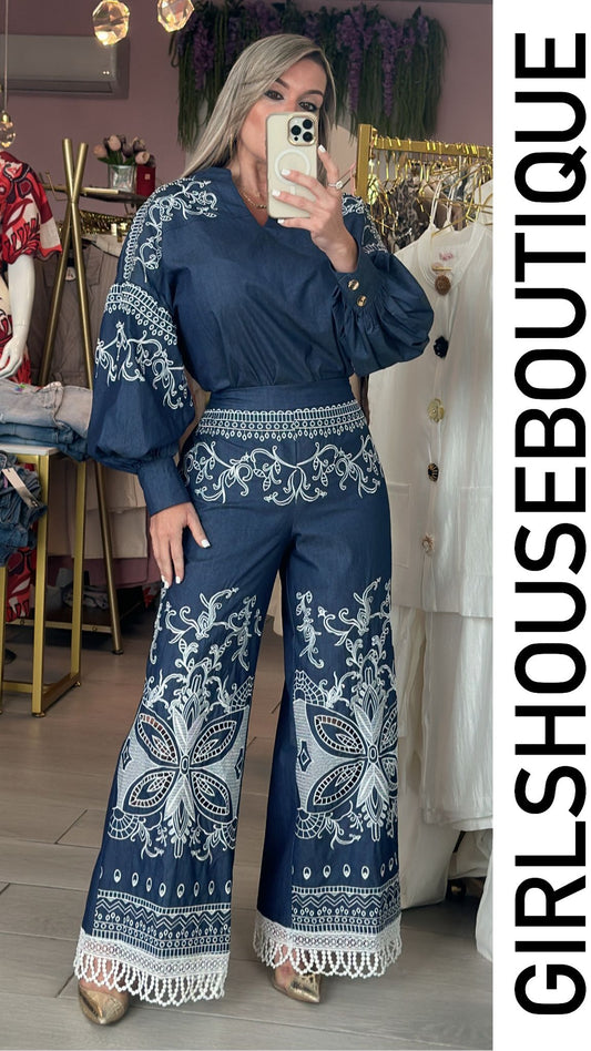 Natalia Blue Embroidery Top & Pant Set