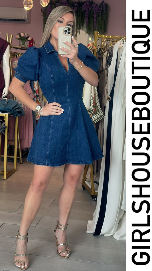 Chantal Dark Denim Puffed Sleeve Dress
