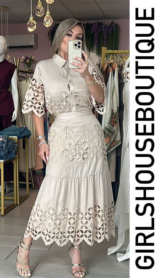 Fall In Love Beige Crochet Top & Skirt Set